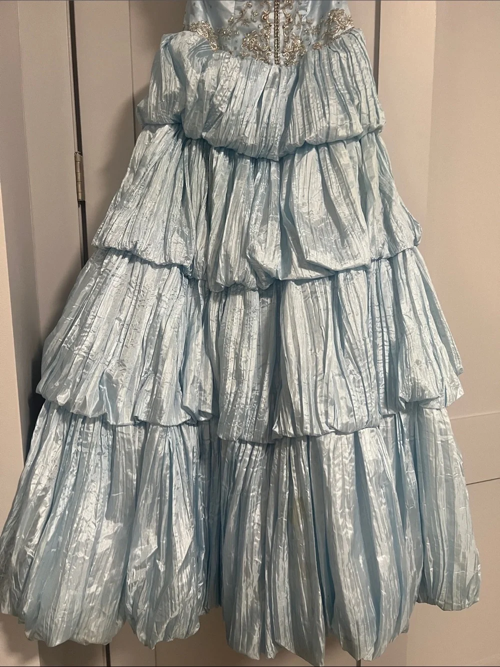 Tony Bowls Light Blue Tiered Ruffle Formal Dress with Gold Embellishment